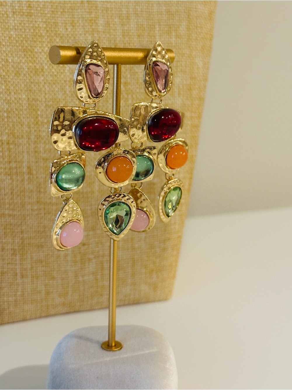 Fashion Jewelry Gold-Tone Multi-Stone Dangle Earrings - Red, Green, Pink, Orange